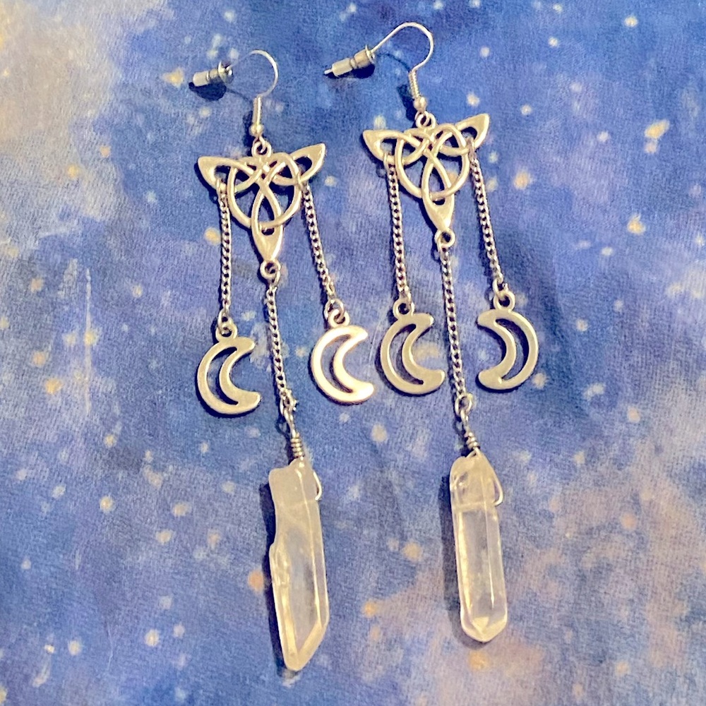 Silver Celtic Knot Moon Crystal Dangle Earrings